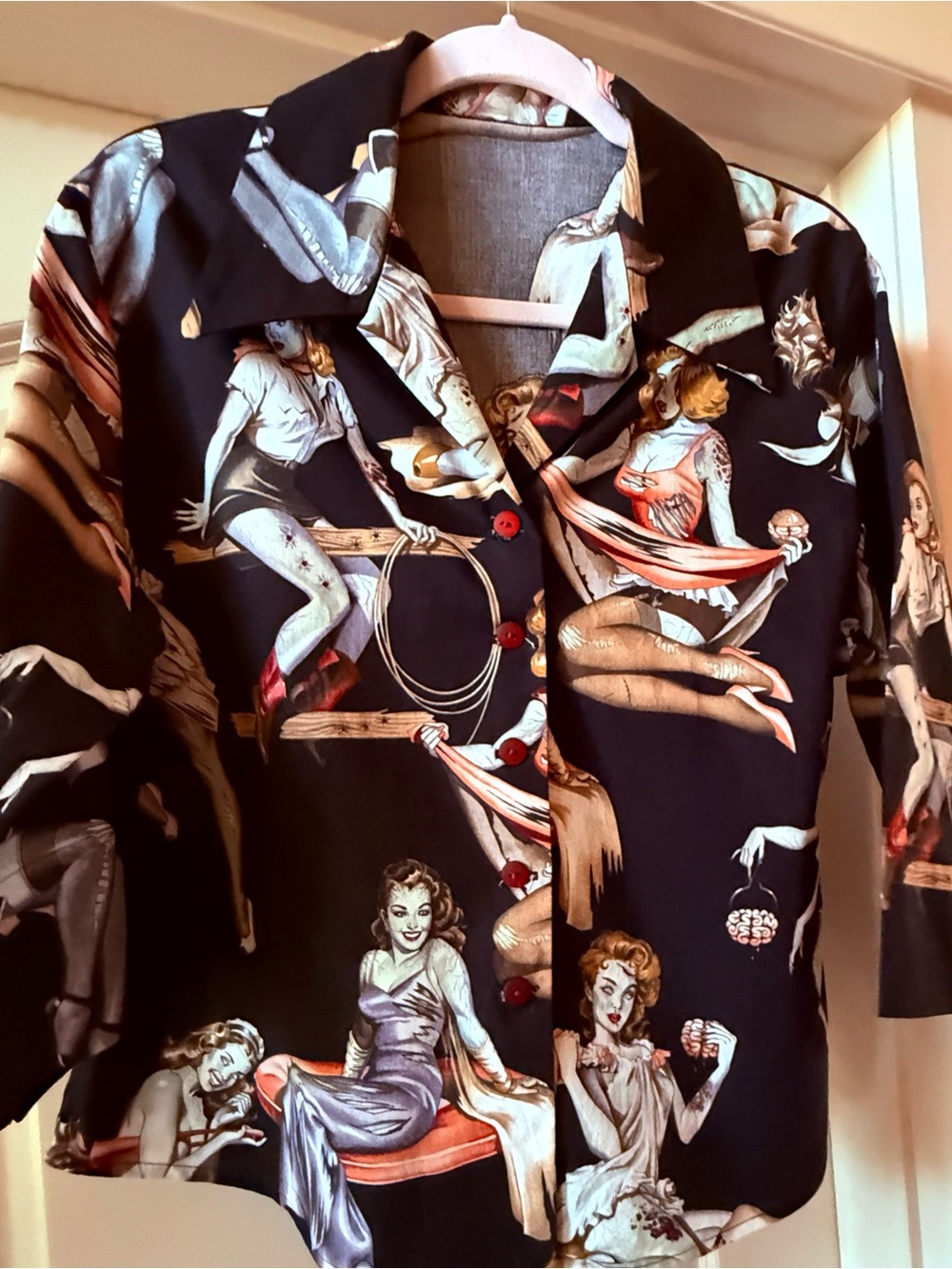 Vintage Black Pinup Print XL Button-Up Blouse,Vampire Goth Dark Whimsigoth Y2K